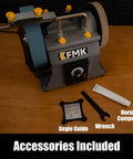 Top Shelf 10 Inch Wet Bench Grinder With Variable Speed And Slick Water Cooled Design For Knives Chisels Scissors And Wood Tools with angle guide and wrench.