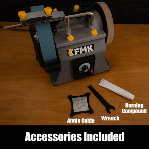 Top Shelf 10 Inch Wet Bench Grinder With Variable Speed And Slick Water Cooled Design For Knives Chisels Scissors And Wood Tools with angle guide and wrench.
