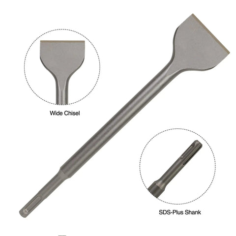 Durable SDS Plus 4 Piece Chisel Set For Hammer Drills With Thinset Scraping Bit Three Inch By Ten Inch Wide Chisel