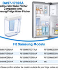 Upgraded DA97-17395A Water Pitcher Reservoir Replacement For Fridge Door shown with Samsung fridge compatibility chart