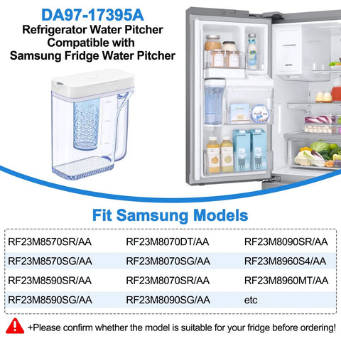 Upgraded DA97-17395A Water Pitcher Reservoir Replacement For Fridge Door shown with Samsung fridge compatibility chart
