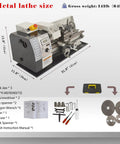 Jaryannix 8X16 Benchtop Mini Metal Lathe With Variable Speed Control And Digital Display, dimensions and included accessories.