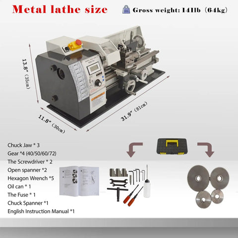 Jaryannix 8X16 Benchtop Mini Metal Lathe With Variable Speed Control And Digital Display, dimensions and included accessories.
