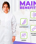 Disposable Lab Coats For Adults Pack Of 10 Lightweight 60gsm Microporous Long Sleeve White With Elastic Cuffs Hook And Loop Closure Mandarin Collar No Pockets Breathable All Day Comfort Medical Gowns, adult in white coat