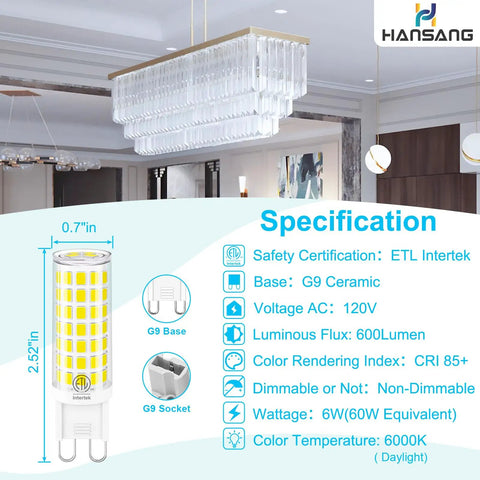 Specifications of G9 LED Bulbs 6W Daylight White 6000K with chandelier and bulb diagram.