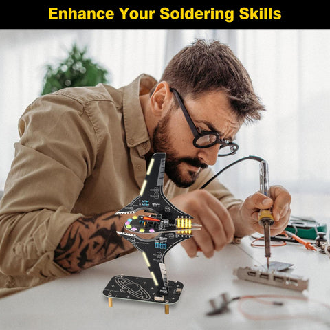 Man using soldering iron on DIY Spaceship Soldering Practice Kit With LED Light Modules for skill enhancement.