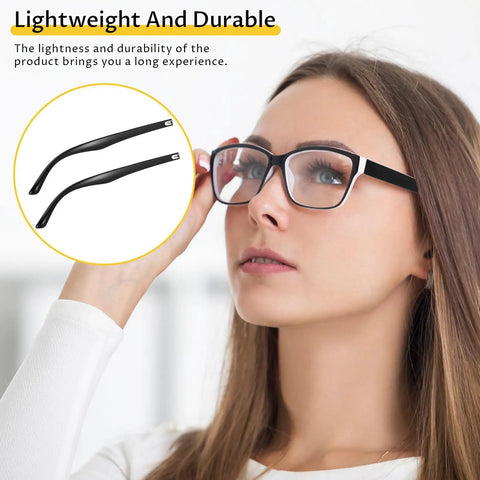 Woman wearing glasses with black DIY Glasses Temple Replacement Arms Kit With Screws, Washers, Screwdriver And Nose Pads TR90 Eyeglasses Repair Set