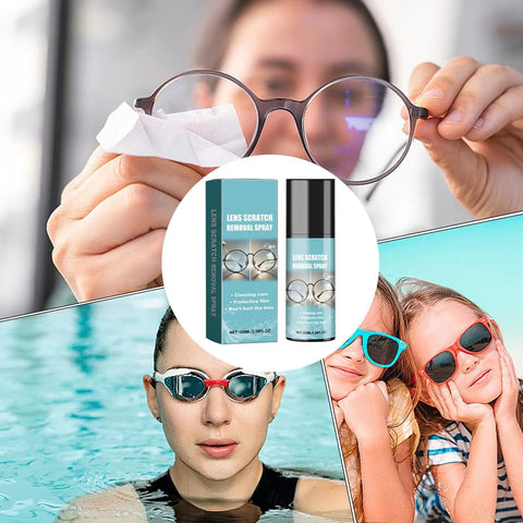 Easy On The Go Eyeglass Scratch Repair Kit With Cleaning Solution And Lens Polish, images of spray bottles and usage examples