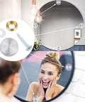 Top Shelf Stainless Steel Screw Cover Caps 16Mm Mirror Nails for Furniture and Home Decor in use on a round mirror.