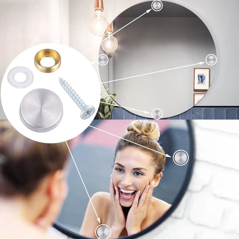 Top Shelf Stainless Steel Screw Cover Caps 16Mm Mirror Nails for Furniture and Home Decor in use on a round mirror.