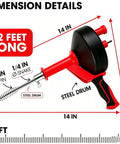 42 Foot Beast Mode Drain Snake And Hair Clog Remover, Drill Powered Plumbing Auger For Kitchen And Bath, Red dimensions shown with steel drum and cable.