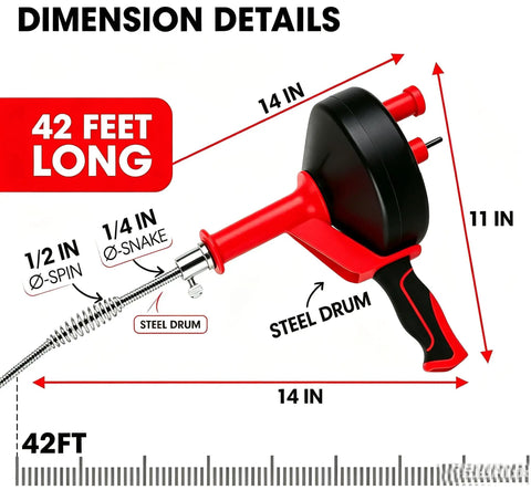 42 Foot Beast Mode Drain Snake And Hair Clog Remover, Drill Powered Plumbing Auger For Kitchen And Bath, Red dimensions shown with steel drum and cable.