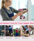 Person using 20V Cordless Drill Kit With Battery Charger And Carrying Case Three Eighth Inch Keyless Chuck Two Speed Settings 18 Plus 3 Torque 72 Piece Driver Bits Belt Hook Pink Color For Quick Pro Grade Projects for DIY work