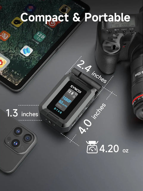 Wireless Hd Video Transmitter And Receiver System Featuring Fanless Silent Recording For Smooth Vlogging Interviews And Live Events Delivers No Sweat Setup With Big Gig Image Clarity on display next to a camera and smartphone.