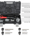 Manual Pop Rivet Gun Kit With 200 Aluminum Rivets In Four Sizes And Four Drill Bits For Easy Installation, portable case and accessories.