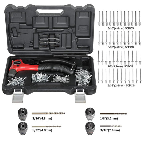 Manual Pop Rivet Gun Kit With 200 Aluminum Rivets In Four Sizes And Four Drill Bits For Easy Installation, portable case and accessories.