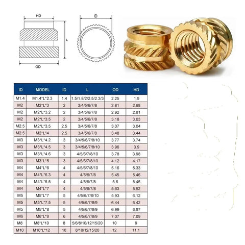 Brass Heat Insert Nuts Kit for 3D Printing and DIY Projects, 50 Piece Pack in M2 Through M6, knurled brass inserts with size chart