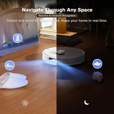 Zero Tangling Brushes Robot Vacuum And Mop With Self Cleaning Dock navigating obstacles on wooden floor at night and day.