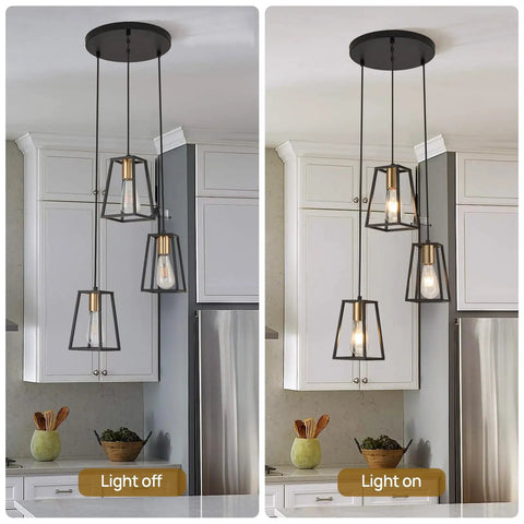 Lantern Style Pendant Light With Iron Cage Frame, Modern Vintage Vibe, Brushed Black Round Canopy, 3 E26 Bulbs in kitchen