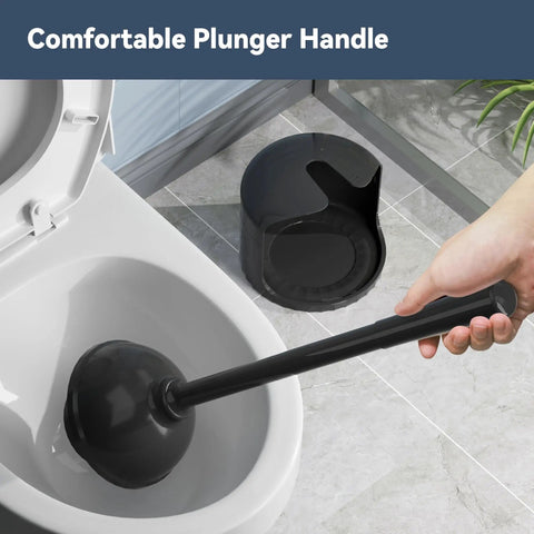 Heavy Duty Toilet Plunger With Wall Holder For Standard Bathroom Drains Extendable Rubber Cup Sink Tub Shower Clog Buster Rock Solid Plumbing Fix No Sweat Quick Drain Repair Tool Black Finish in use with comfortable handle and holder.