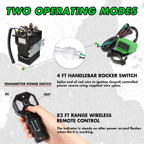 Components of 4500 Pound Waterproof Electric Winch For ATV And UTV with wireless remote and 4 ft handlebar rocker switch