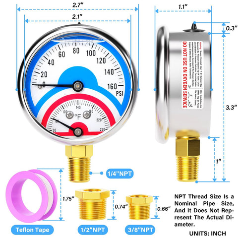 Stainless steel pressure gauge, liquid-filled, 2.5 in dial, 0–160 psi, 30–250°F, 1/4 in NPT