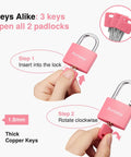 Pink 2 Pack Aluminum Padlocks with 3 Keys Alike Seven Eighths Inch 43mm Small Locks for Gate Fence with Key Insertion Steps