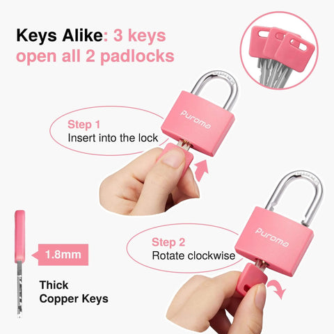 Pink 2 Pack Aluminum Padlocks with 3 Keys Alike Seven Eighths Inch 43mm Small Locks for Gate Fence with Key Insertion Steps