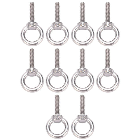 10 Pack M6x25 Eye Bolts Made From 304 Stainless Steel Beefy Heavy Duty Lifting Rings For Swing Sets Tie Downs Outdoor Gear Rustproof Silver Fasteners For Secure Hanging And Hoisting, arranged on white