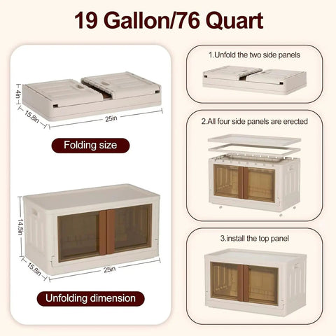 Hella Roomy 76 QT Storage Bins With Heavy Duty Snap Lid Covers, showing dimensions and folding steps for collapsible crates.