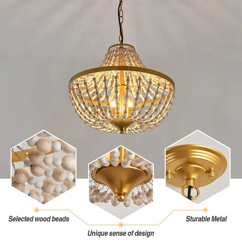 Three Light Boho Wood Beaded Gold Chandelier for Rustic Farmhouse Style Pendant Light Fixture with Cozy Vibe and Warm Glow Ideal for Dining Room Living Room Bedroom Hallway and Entryway