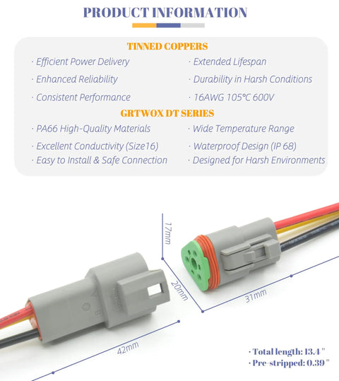 Deutsch DT 3 Pin Connector Kit Waterproof 16 AWG Automotive Wire Connectors dimensions, PA66 Nylon Male and Female Plugs