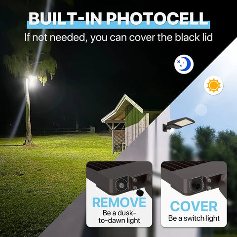 200W Parking Lot Light With 30,000 Lumens UL Listed 5000K Daylight Glow adjustable dusk to dawn security light in yard setting.