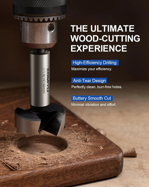 Knockout 2 Pack Of Half Inch Forstner Bits With Multi Tooth Heads For Dead On Accuracy And Slick Flat Bottom Wood Holes Perfect For Cabinet Building And Fine Woodworking Jobs That Work Like A Charm, shown drilling clean holes in wood.