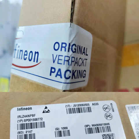 Beefy Logic Level MOSFET IRLZ44NPBF Pack Of 5 With 0.022 Ohm RDSon, 47A, 55V, TO-220, ESD Safe Packaging, Gate-Source Threshold 1.0V To 2.0V For Power Switching Projects, Infineon label on shipping box