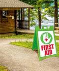 Signicade Deluxe A Frame Double Sided Folding Sidewalk Sign With Quick Change System outdoors by a cabin and lake.