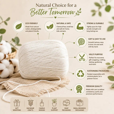 Cotton Twine Roll Three Ply Natural White Go-To Gift Wrapping And Crafts All-Purpose String Eco-Friendly Benefits