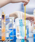 Sturdy Glass Beaker Set 50ml Six Pack, 3.3 Borosilicate Griffin Low Form Lab Glassware with Printed Graduations, used in a lab experiment