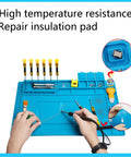 Pro Level Silicone Workbench Mat Featuring a Rock Solid Magnetic Surface and Smart 10 Slot Organizer Perfect for Soldering Phone Fixing and Lock Picking Practices Hella Heat Resistant 17.7 x 11.8 Inch in use with tools.