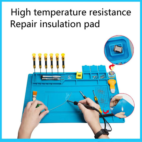 Pro Level Silicone Workbench Mat Featuring a Rock Solid Magnetic Surface and Smart 10 Slot Organizer Perfect for Soldering Phone Fixing and Lock Picking Practices Hella Heat Resistant 17.7 x 11.8 Inch in use with tools.
