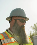 Construction worker wearing Polarized Wraparound Safety Glasses Built Tough for Work and Outdoors All Day Comfort Anti Scratch Lenses UV