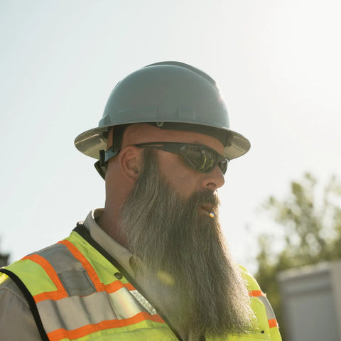 Worker wearing Kazbek Torque Polarized Anti Fog Vapor Shield Safety Glasses With Smoke Lens Built Tough Military Grade UV 400