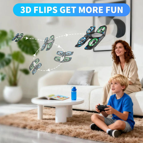 Child flying Beginner Friendly Foam RC Drone For Kids With LED Lights 360 Degree Flip Altitude Hold 3 Speed Modes in living room
