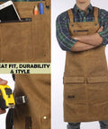Kickass Heavy Duty Waxed Canvas Woodworking Apron For Men featuring pockets, tool storage, adjustable fit, and durable material.