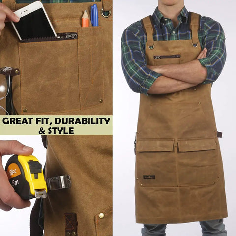 Kickass Heavy Duty Waxed Canvas Woodworking Apron For Men featuring pockets, tool storage, adjustable fit, and durable material.