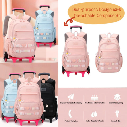 Kids Rolling Backpack With Wheels Trolley School Bag For Girls And Boys, featuring large capacity, dual-purpose design, and multiple pockets