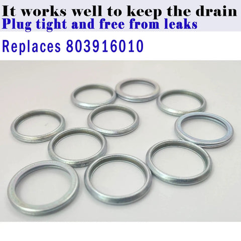 Subaru 10 Pack Oil Drain Plug Gaskets Crush Washers Kit 803916010 displayed on a surface, includes 10 silver gaskets.