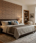Teak Acoustic Wall Panels 16 Pack 12x12 Inch Sound Dampening Home Office Setup Ditch The Echo Crush Street Noise Nrc 0.95 on a bedroom wall.