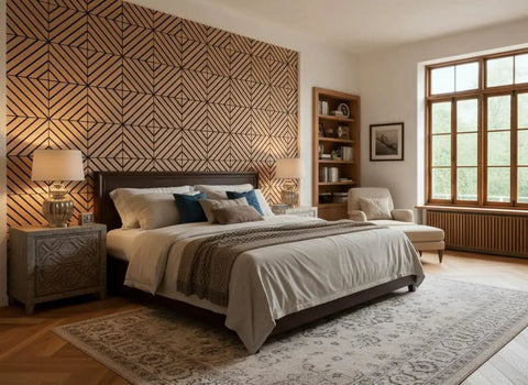 Teak Acoustic Wall Panels 16 Pack 12x12 Inch Sound Dampening Home Office Setup Ditch The Echo Crush Street Noise Nrc 0.95 on a bedroom wall.