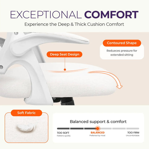 Close-up of ergonomic mesh office chair seat with soft ivory fabric and contoured shape for comfort, lumbar support visible.
